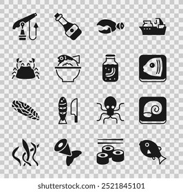 Set de peces tropicales, pulpo en el plato, cabeza de pescado, garra de langosta o cangrejo, tazón servido, cangrejo, arpón de pesca y el icono de tarro de pepino de mar. Vector