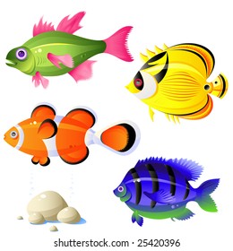 Set of tropical fish, stones, bubbles, vector, isolated on white