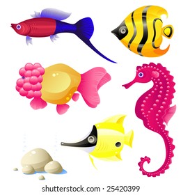 Set of tropical fish, stones, bubbles, vector, isolated on white