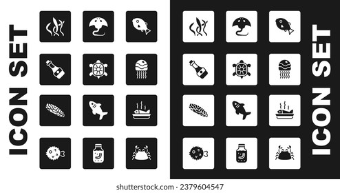 Set Tropical fish, Turtle, Soy sauce bottle, Seaweed, Jellyfish, Stingray, Served on plate and Fish steak icon. Vector