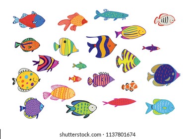 Set of tropical fish. Vector doodle illustration