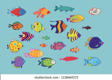 Set of tropical fish. Vector doodle illustration