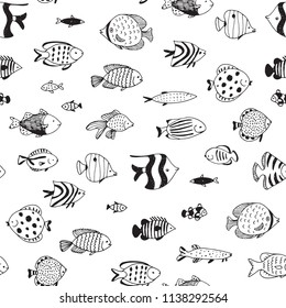 Set of tropical fish. Vector line seamless pattern