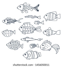 Set of tropical fishes, hand draw style. Kids vector sea poster