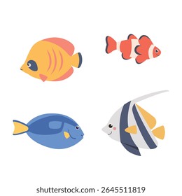 Set Of Tropical Fishes On Isolated White Background. Angel Fish, Clown Fish, Butterfly Fish, Blue Tang. Underwater Life. Vector Illustration Cartoon Flat Style.