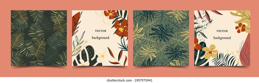 Set Tropical flat pattern design in trendy style with leaves and seamless pattern. Vector Abstract art for decor, clothing, fills, covers, wallpapers, wrapping paper, social networks. Place for text.