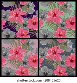 Set of tropical floral seamless patterns with hibiscus flowers. Vector EPS8 illustration. 