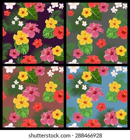 Set of tropical floral seamless patterns with flowers and leaves. Vector EPS8 illustration. 