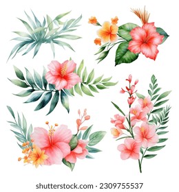 Set of tropical floral watecolor. tropical flower, tropical leaves. tropical poster, invitation floral. Vector arrangements for greeting card or invitation design