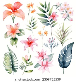 Conjunto de colores florales tropicales. flor tropical, hojas tropicales. afiche tropical, invitación floral. Disposiciones de vectores para el diseño de tarjetas de felicitación o invitaciones