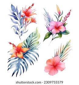 Set of tropical floral watecolor. tropical flower, tropical leaves. tropical poster, invitation floral. Vector arrangements for greeting card or invitation design