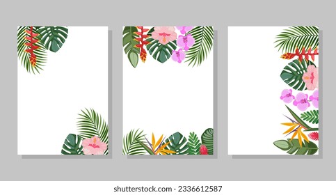 Set of tropical flower compositions, backgrounds, frames, postcards. Vector botanical illustration for booklet, invitation or flyer.