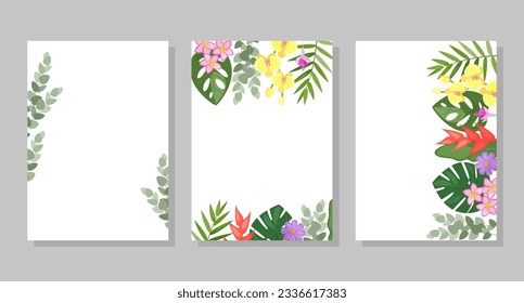 Set of tropical flower compositions, backgrounds, frames, postcards. Vector botanical illustration for booklet, invitation or flyer.