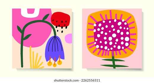 Set of tropical flower and leaves hand drawn vector illustration background. Modern design for poster, cover, cards, banner and summer background.