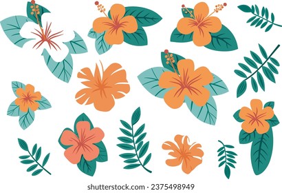 set of tropical flowers, set of hawaiin flowers vector illustration