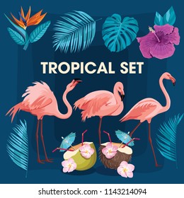 A set of tropical flowers, leaves and birds. Tropical birds and plants. Hawaii travel design. Exotic plants