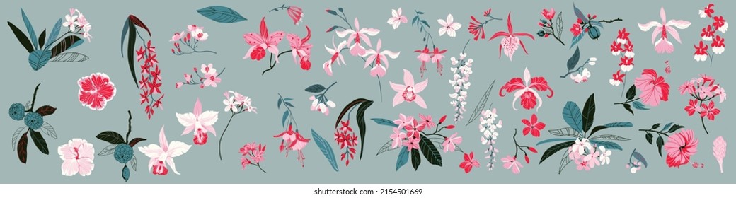 Set of tropical flowers in minimal style