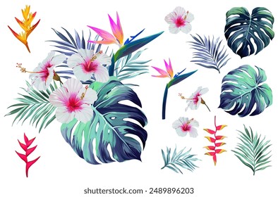 Set of tropical flowers and plants. Bouquet of flowers vector. Exotic, jungle, tropic