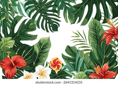 Set of tropical flowers and plants. Bouquet of flowers vector. Exotic, jungle, tropic