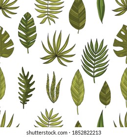 Set tropical or forest leaves with many shades of green, oval or ovoid type with cuts. Sketch inscription topical. Isolated on a white background