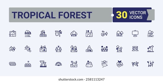 Set of Tropical Forest line icons. Icons tropic, orchid, silhouette, crocodile, wild and more. Pixel perfect. Solid line editable vector illustration.