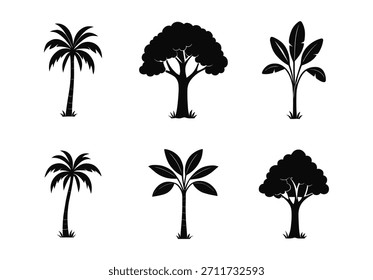 Conjunto de siluetas de árboles tropicales y forestales sobre fondo transparente