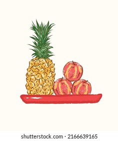 Set of tropical fruit, ananas and apples in cute simple doodle cartoonish vector flat illustration art design