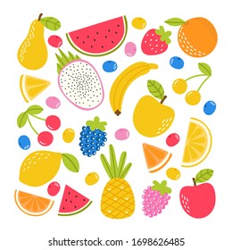 Set of tropical fruit. Fresh organic kitchen. Hand drawn apple, strawberry, pineapple, watermelon, cherry and banana. Vector illustration