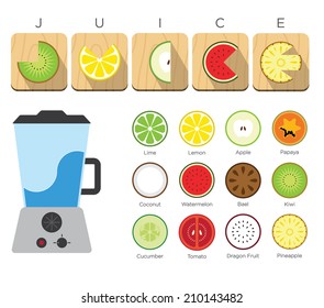 Set of Tropical Fruit Icon and Blender Juice in Flat Design, Vector