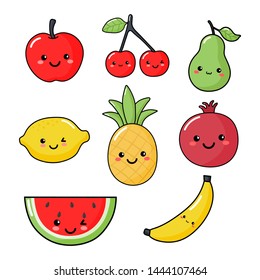 set of tropical fruit kawaii style. isolated on white background. vector illustration.