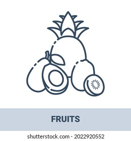 Set of tropical fruit outline monochrome icons with titles. Collection of signs in different food categories. Symbols for cafe decoration. Vector illustrations isolated on white background.