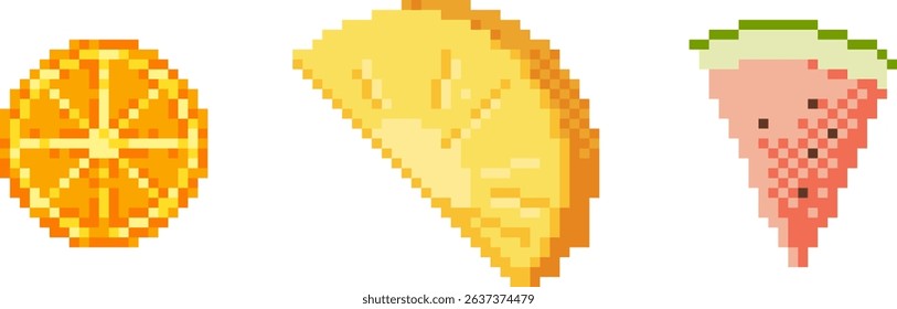 Set of tropical fruit slices in pixel art style. Includes watermelon, pineapple and citrus. Perfect for summer themes, menus, games or digital decoration.