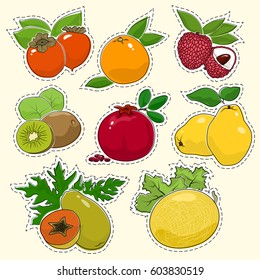 Set of Tropical Fruit Stickers, Pins or Patches, Persimmon with Grapefruit and  Lychees, Kiwifruit with Pomegranate and Quince, Papaya and Melon, Vector Illustration