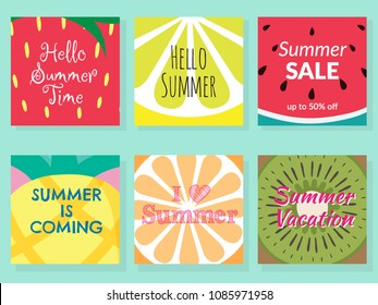 set of tropical fruit texture background. piece of strawberry, lemon, watermelon, pineapple, orange, kiwi slice with difference word about summer. fresh tropical fruits for summer vector illustration