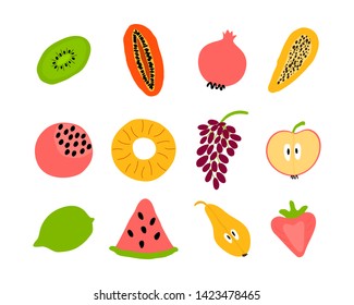 Set of tropical fruits apple, lemon, orange, pear, grapes, strawberry, papaya, melon, kiwi, watermelon pomegranate Hand drawing vector illustration for seamless pattern design advertising