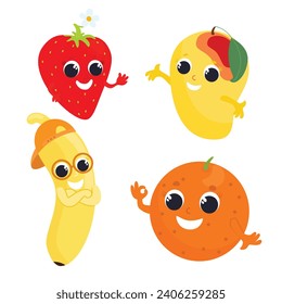 Set of tropical fruits and berries banana, strawberry, mango, orange in cartoon style isolated on white background. Fruits have faces and handles. Character design for children's design.