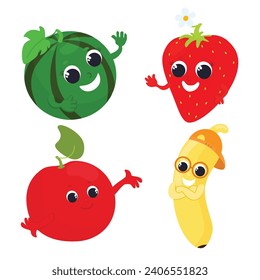 Set of tropical fruits and berries banana, watermelon, strawberry and apple in cartoon style isolated on white background. Fruits have faces and handles. Character design for children's design.