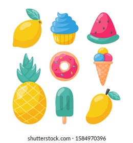 Set of tropical fruits ice cream and other summer food isolated on white background. illustration vector.