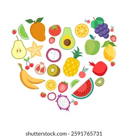 Set tropical fruits illustration. Watermelon, apple, pear, orange, tomato, cherry, lemon, banana, strawberry, pineapple, grapes, mango, kiwi, Dragon fruit, pomegranate, mangosteen, star fruit. 