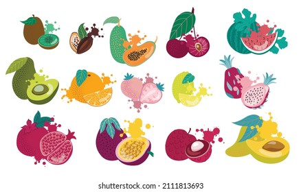 Set of tropical fruits. Isolated on white background. Vector illustration.