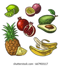 Set tropical fruits. Isolated on the white background. Pineapple, lime, banana, pomegranate, maracuya, avocado. Vector color hand drawn vintage engraving illustration for poster, label and menu.