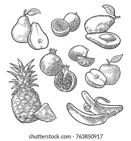 Set tropical fruits. Isolated on the white background. Pineapple, lime, banana, pomegranate, maracuya, avocado. Vector black hand drawn vintage engraving illustration for poster, label and menu.