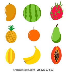 set of tropical fruits: mango, watermelon, dragon fruit, pineapple, orange, pear, starfruit, banana, and papaya. Bright and fresh design