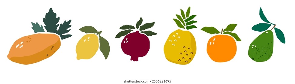 set of tropical fruits in Matisse paper cut style. collection of vitamin-rich vegetarian healthy food products.  avocado, lemon, pomegranate, pineapple, orange, papaya. vector objects isolated