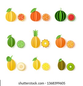 Set of tropical fruits in paper cut style. Whole and sliced orange, tangerine, pineapple, lime, lemon, grapefruit, melon, watermelon, kiwi in origami art. Vector card illustration.