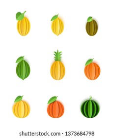 Set of tropical fruits in paper cut style. Whole citrus orange, tangerine, pineapple, lime, lemon, grapefruit, melon, watermelon, kiwi with leaf in origami art. Vector card illustration.