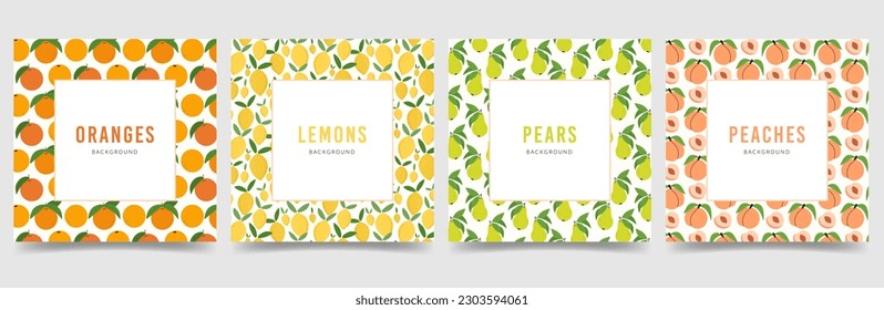 Conjunto de antecedentes de patrones de frutas tropicales. Diseño cuadrado de tarjetas con naranja, lémones, peras, melocotones. Plantillas de fondo de escritorio para alimentos vegetarianos saludables. Ilustración vectorial de color plano para el mercado, tienda