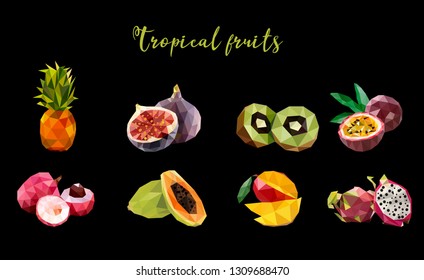 Set of tropical fruits: pineapple, fig, papaya, lychee, dragon fruit, kiwi, passion fruit. Vector illustration of exotic fruit in low poly style on black background. Food. Print design