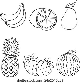 Conjunto de frutas tropicales piña, limón, plátano, sandía, fresa, perla, dibujo de doodle para colorear página aislada sobre fondo blanco. Libro para colorear de verano para niños