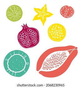 Set of tropical fruits slices. Colorful paper cut collection of fruits and berries isolated on white background. Doodle hand drawn fruits. Vector illustration